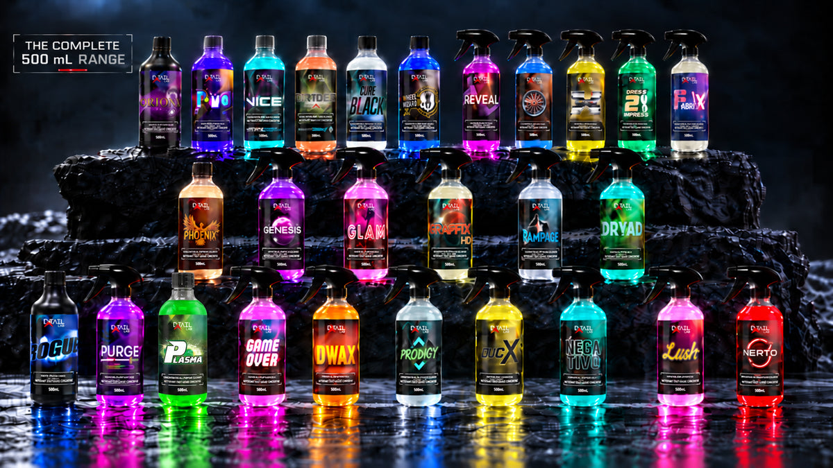 The complete D-Tail Lab 500 mL product range — professional car care products